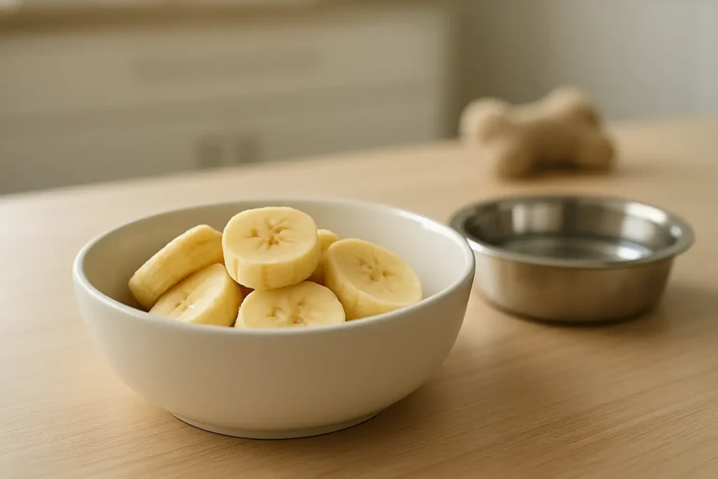 Rondelles de banane mûre dans un bol, à côté d’une gamelle d’eau pour chien