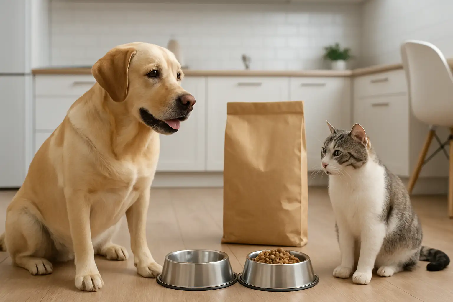 Croquettes Ownat pour chien et chat avec gamelles dans un intérieur moderne
