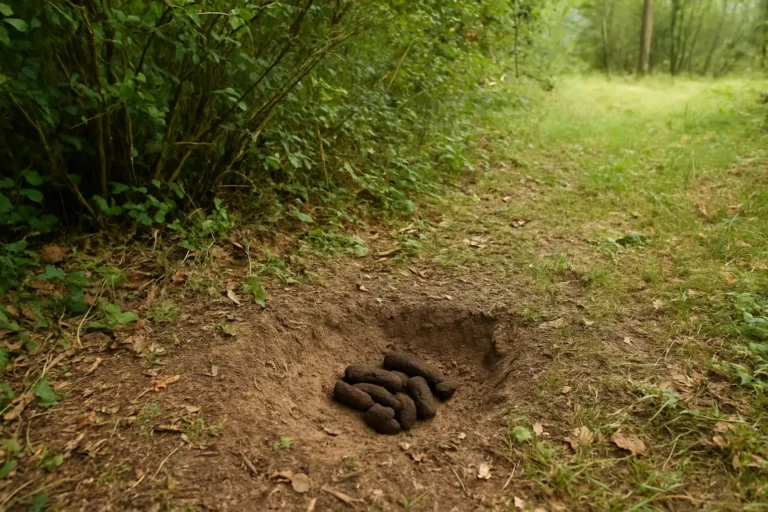 Latrine de blaireau avec crottes dans une petite fosse en lisière de bois