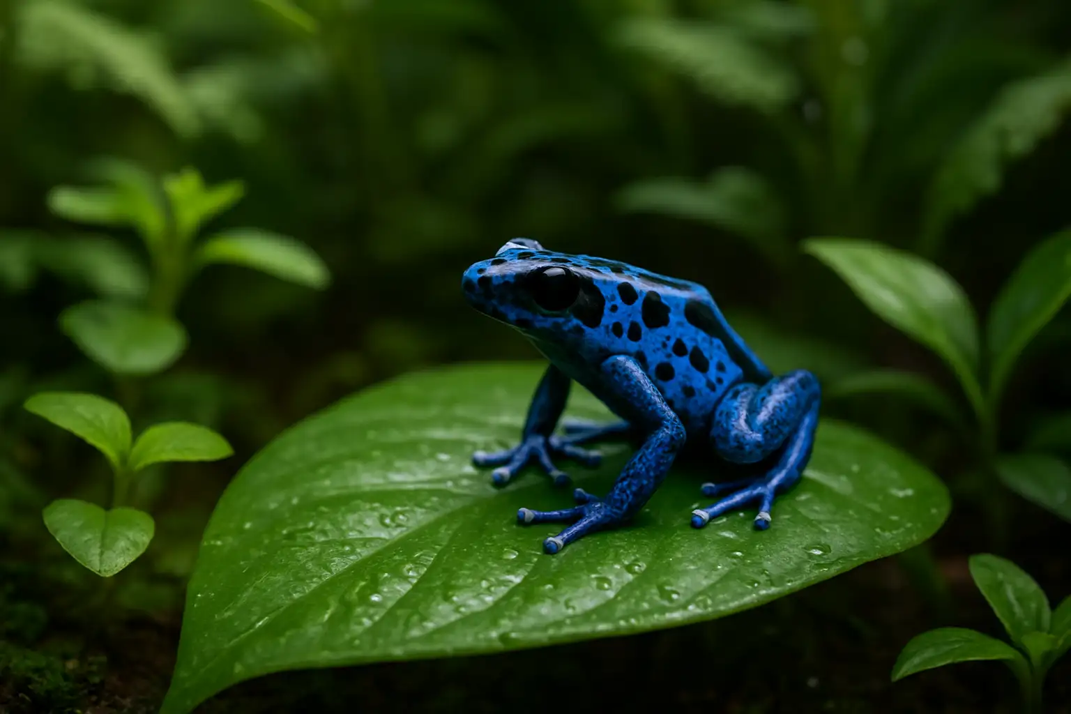 Un dendrobate bleu et noir posé sur une feuille dans un décor tropical humide