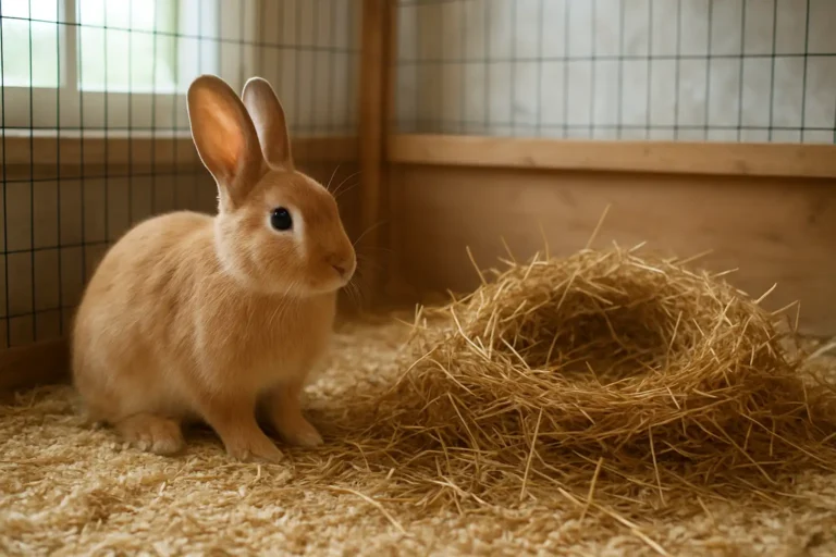 Lapine domestique dans un enclos avec un nid de foin préparé pour la mise bas