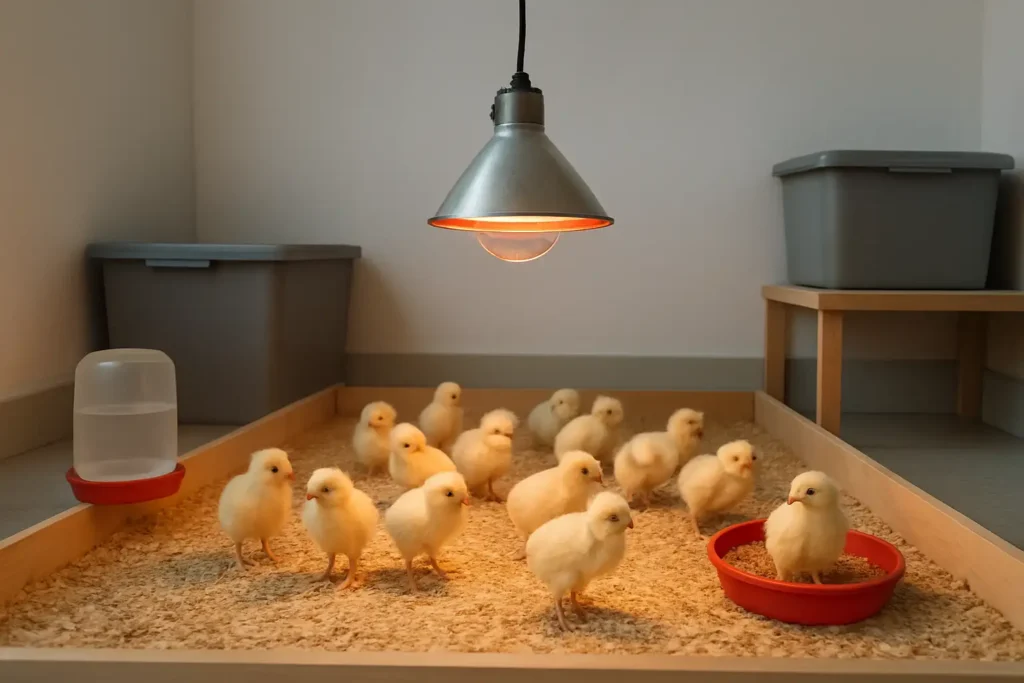 Lampe infrarouge chauffante au-dessus de poussins dans un petit élevage