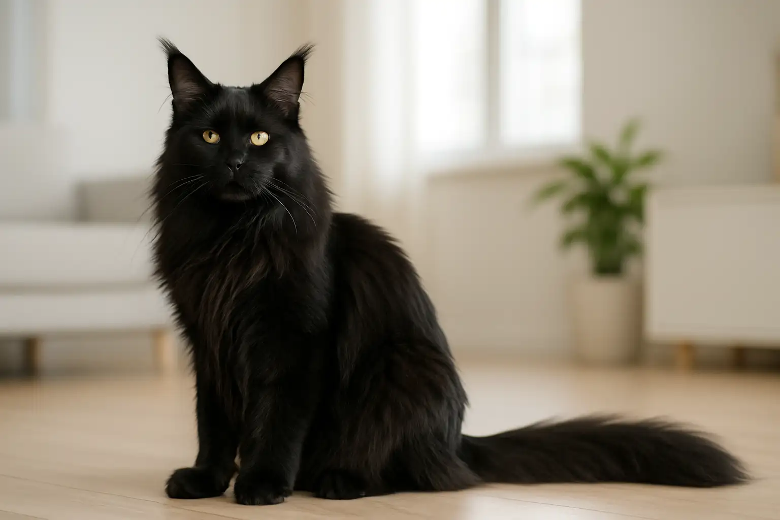 Maine Coon noir adulte au pelage long et brillant dans un intérieur lumineux