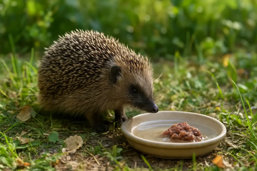 Hérisson d’Europe près d’une coupelle d’eau et d’une petite portion de pâtée dans un jardin