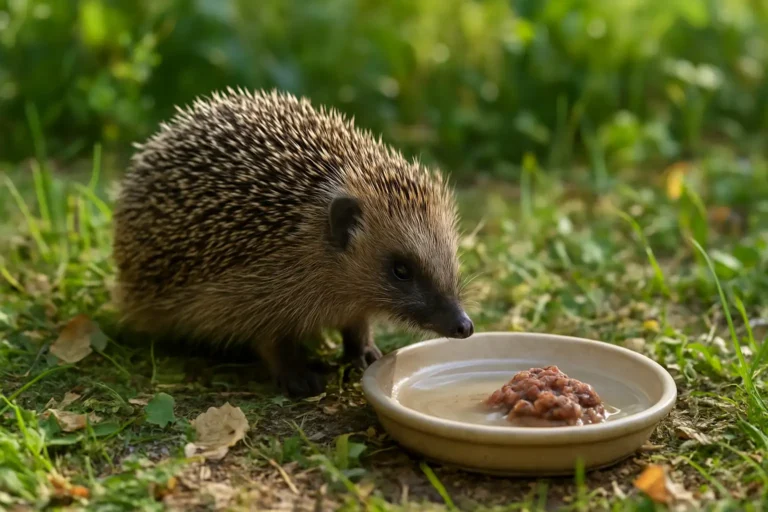 Hérisson d’Europe près d’une coupelle d’eau et d’une petite portion de pâtée dans un jardin