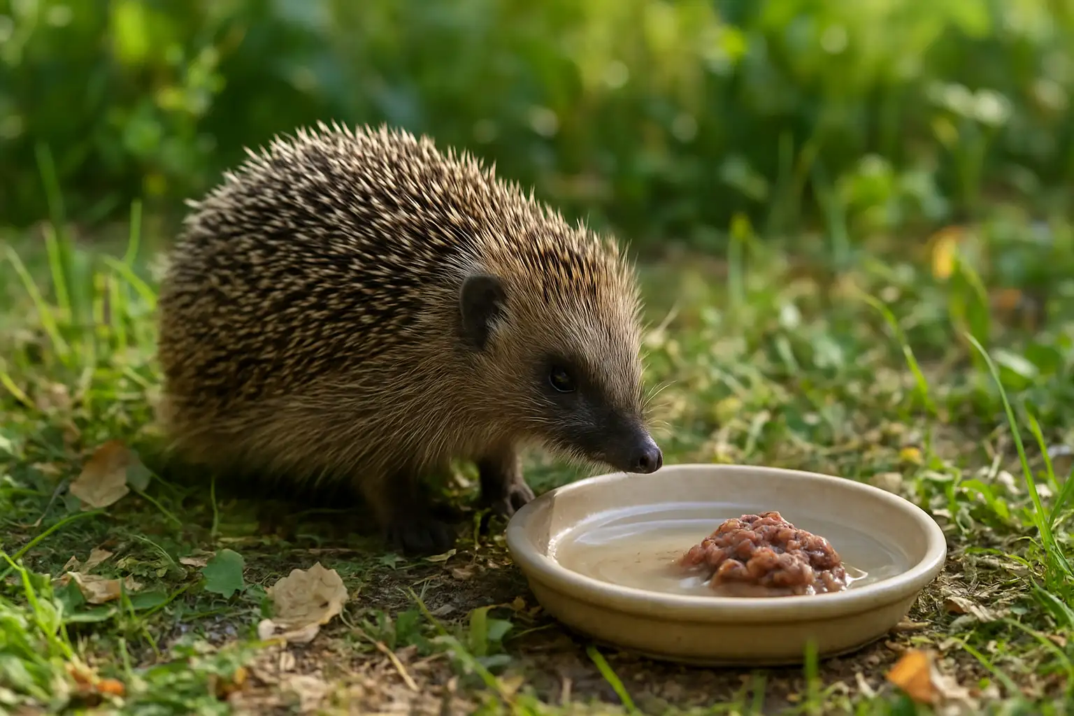 Hérisson d’Europe près d’une coupelle d’eau et d’une petite portion de pâtée dans un jardin