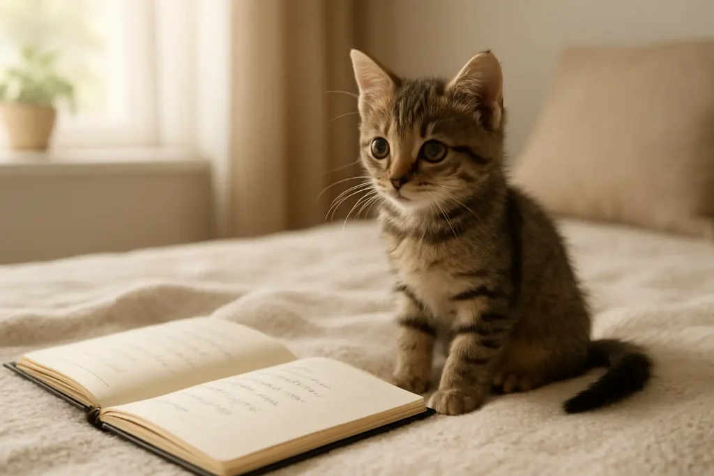 Chaton femelle dans un intérieur cosy avec une liste de prénoms à tester