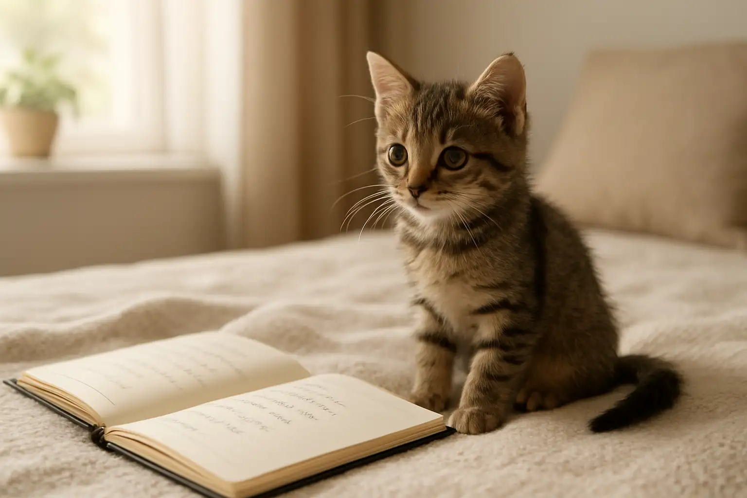 Chaton femelle dans un intérieur cosy avec une liste de prénoms à tester