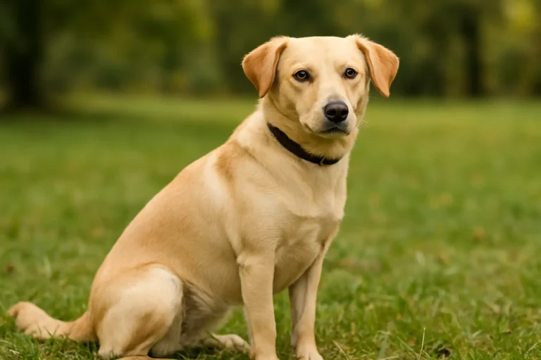 Chienne beige clair assise dans un parc, idéale pour illustrer un article sur les prénoms pour chien femelle.