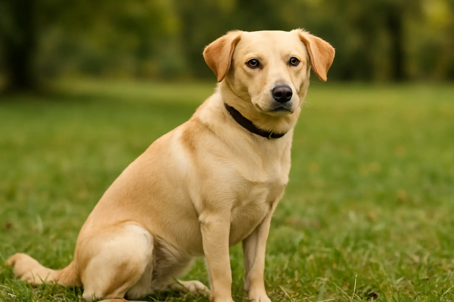 Chienne beige clair assise dans un parc, idéale pour illustrer un article sur les prénoms pour chien femelle.