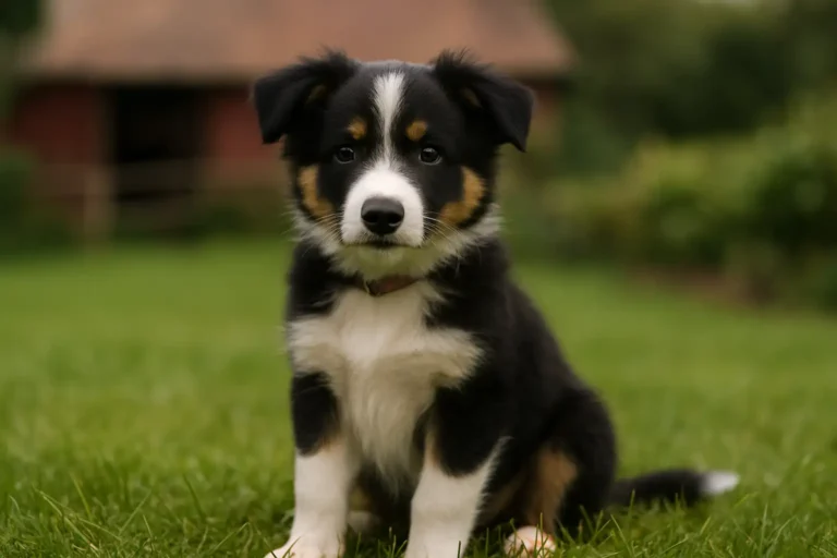 Chiot Border Collie assis dans l’herbe, dans un jardin lumineux