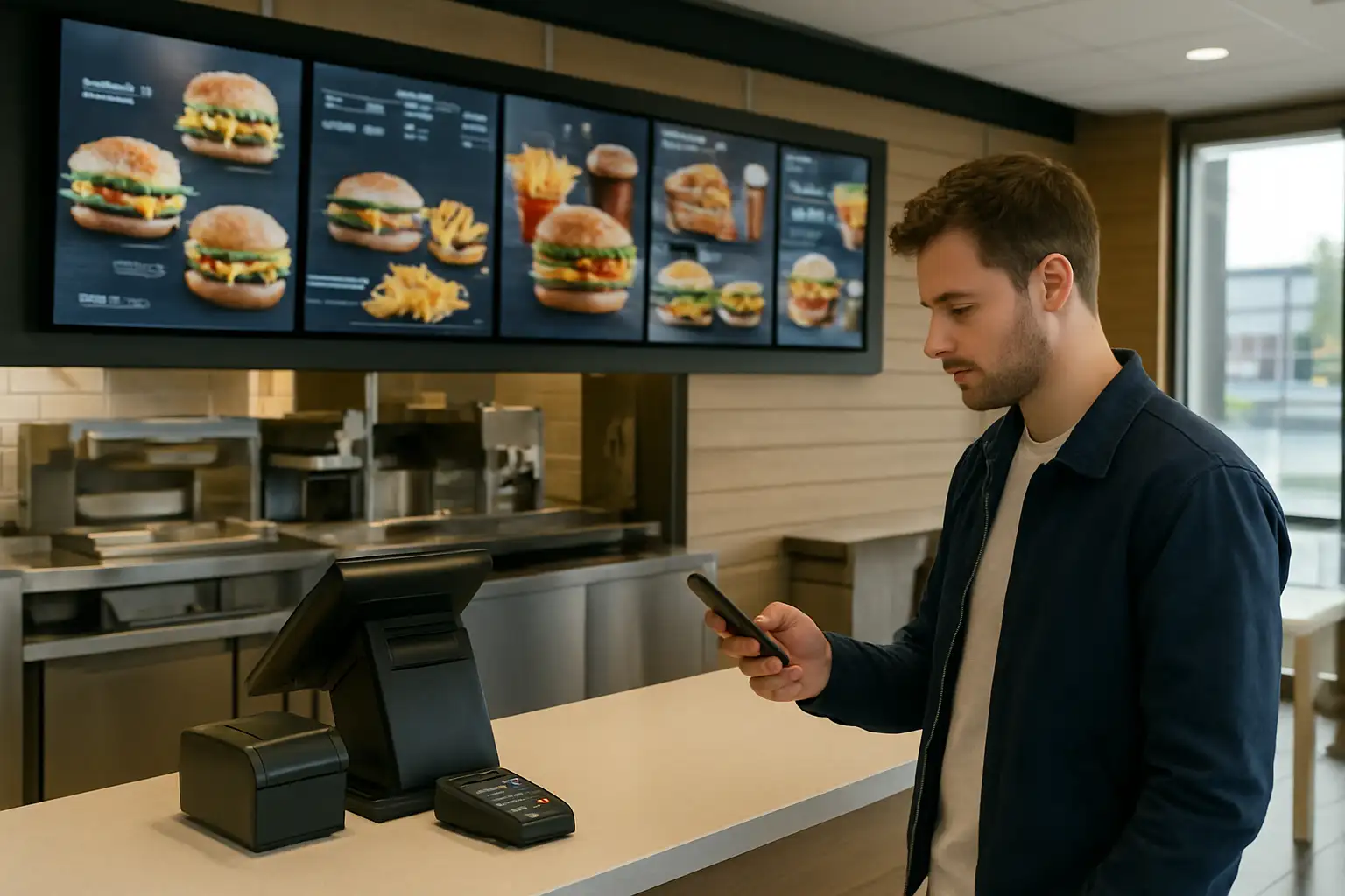 Client consultant les prix d’un menu McDonald’s dans un restaurant en France