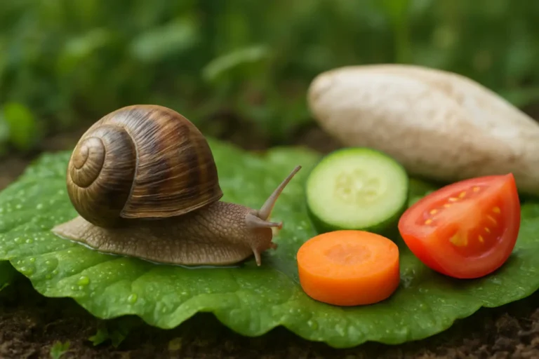 Escargot terrestre sur une feuille humide avec des légumes frais et une source de calcium