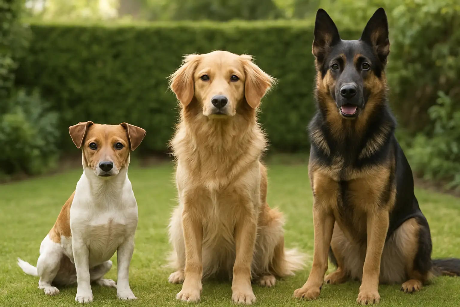 Trois chiens de races différentes dans un jardin pour illustrer une page sur les races de chien de A à Z