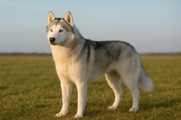 Chien adulte type Samsky au pelage blanc et gris dans un champ d’herbe courte