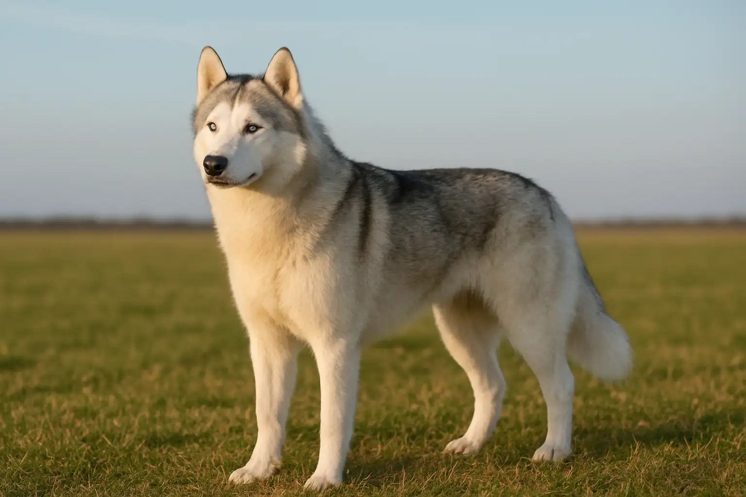 Chien adulte type Samsky au pelage blanc et gris dans un champ d’herbe courte