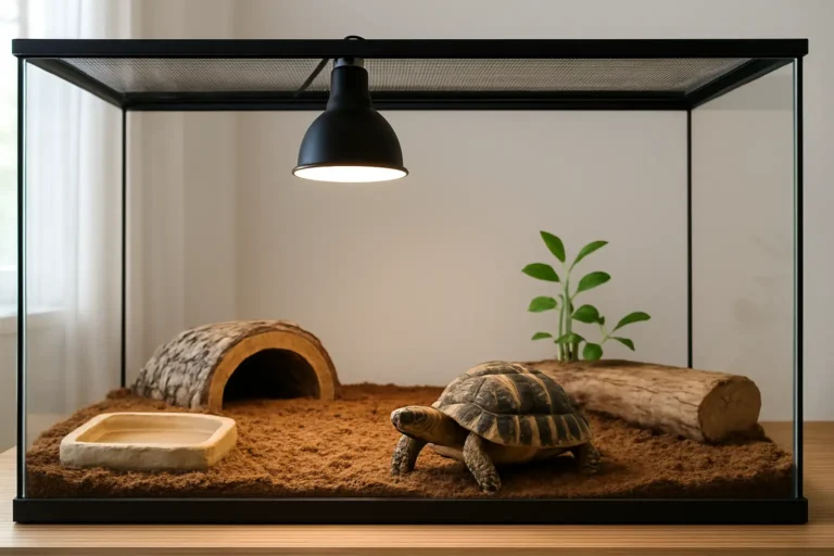 Terrarium à tortue aménagé avec lampe UVB, cachette, substrat naturel et bac d’eau peu profond