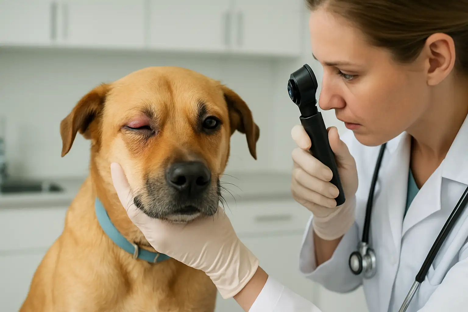 Chien examiné pour un ulcère de l’œil chez le vétérinaire