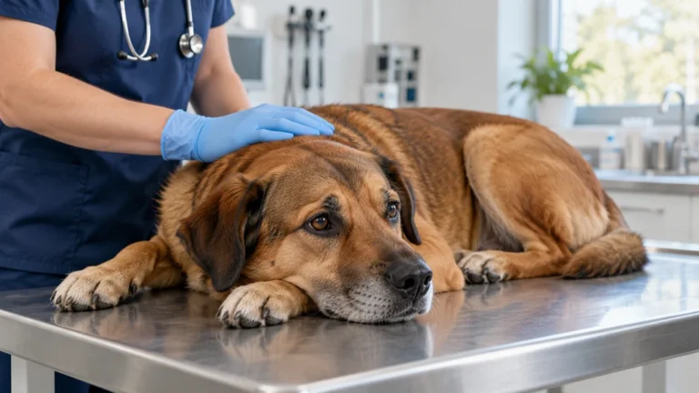 Chien allongé calmement sur une table d'examen chez le vétérinaire